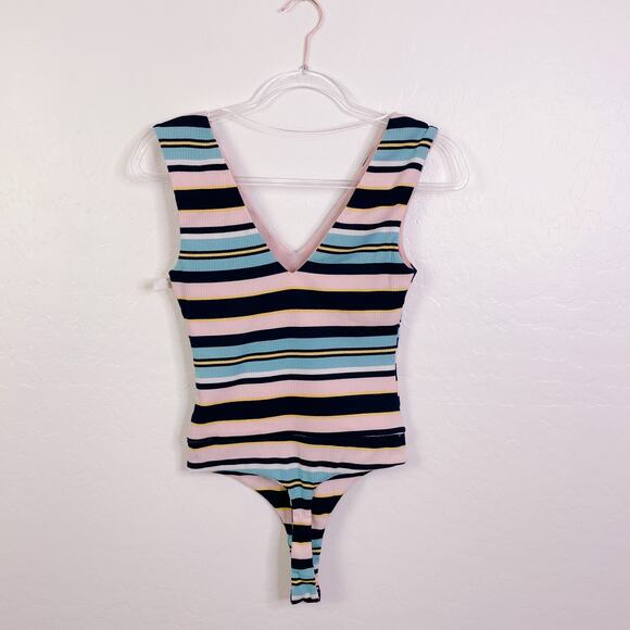 AFRM Striped Ribbed Double V-Neck Sleeveless Bodysuit Pastel Pink size XS NWOT - Picture 6 of 10